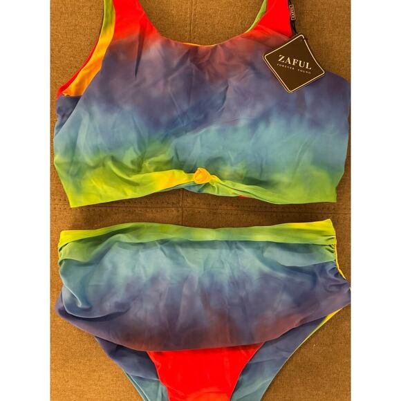 Zaful Size Large NWT 2 Piece Rainbow High Waist Knot Tankini Bathing Swim Suit - Picture 3 of 7